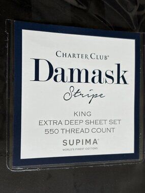 new BLACK STRIPE Charter Club Damask 550TC 100% Cotton KING EXTRA DEEP Sheet Set